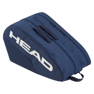 Andere zijde van de donkerblauwe Head Base M racketbag met wit Head-logo op de flank