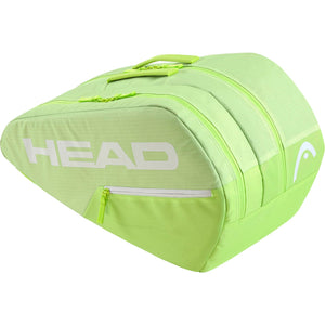 Zijaanzicht van de limegroene Head Base M racketbag met wit logo en dubbele rits