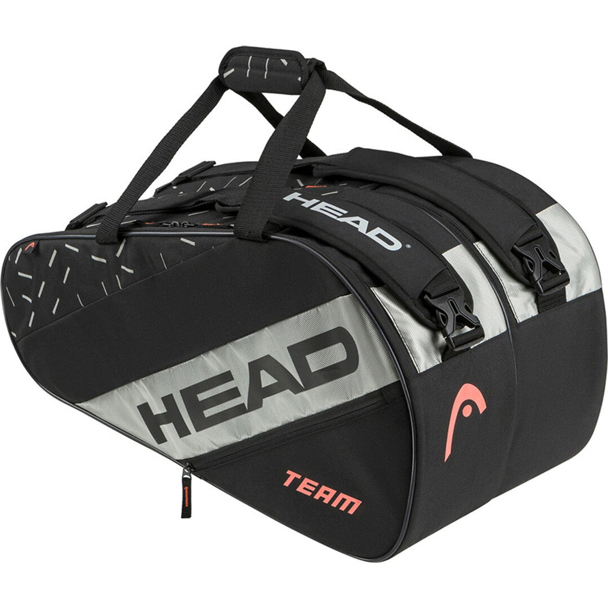 Zijaanzicht van de zwarte Head Team L racketbag met zilvergrijs vlak en Team-opdruk