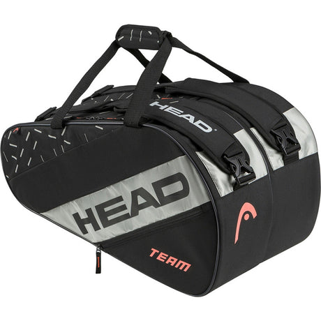 Zijaanzicht van de zwarte Head Team L racketbag met zilvergrijs vlak en Team-opdruk