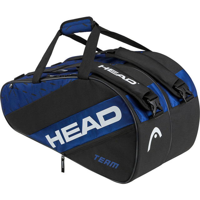 Zijaanzicht van de blauw-zwarte Head Team L racketbag met wit logo en Team-opdruk