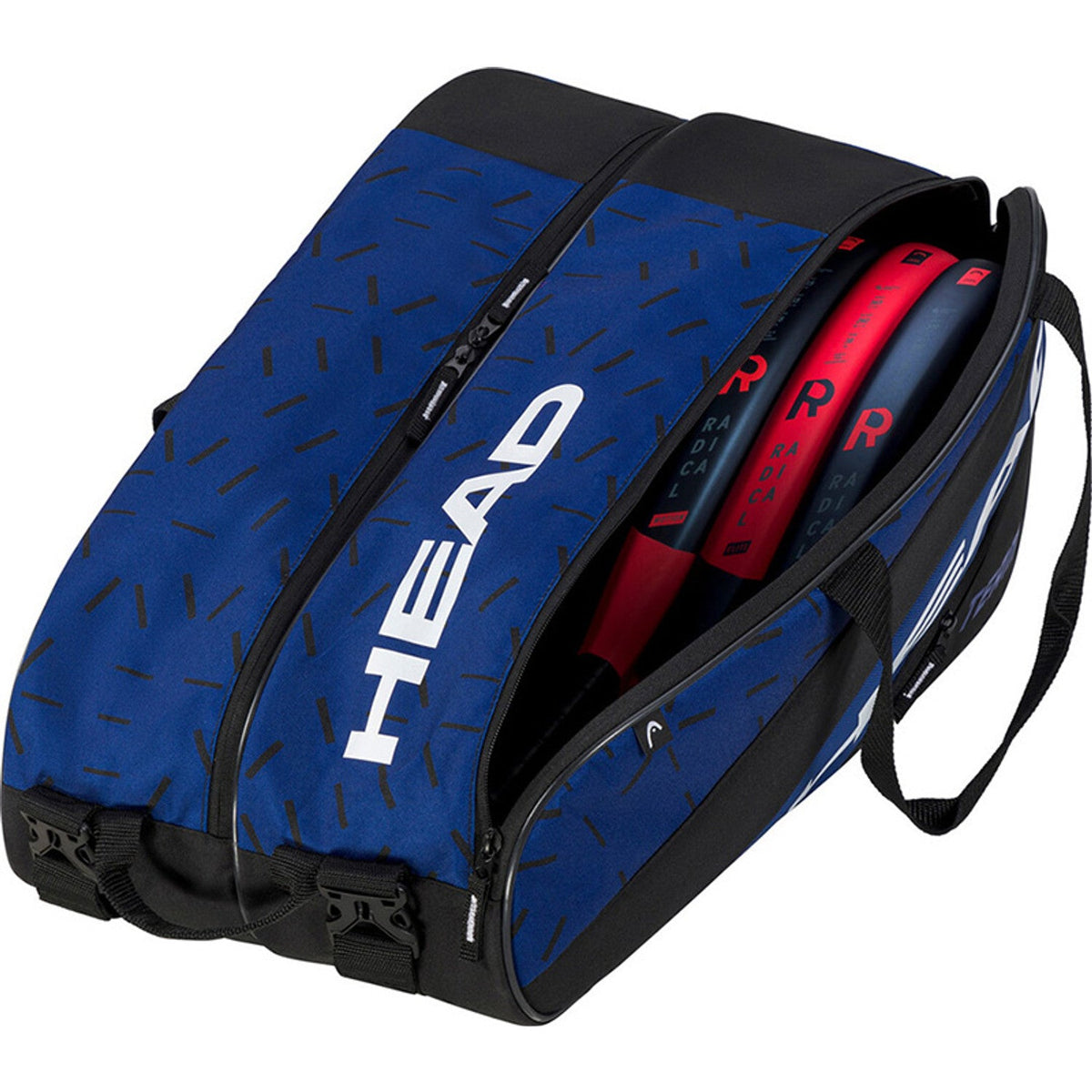 Geopende blauwe Head Team L racketbag met twee rode rackets in het hoofdcompartiment