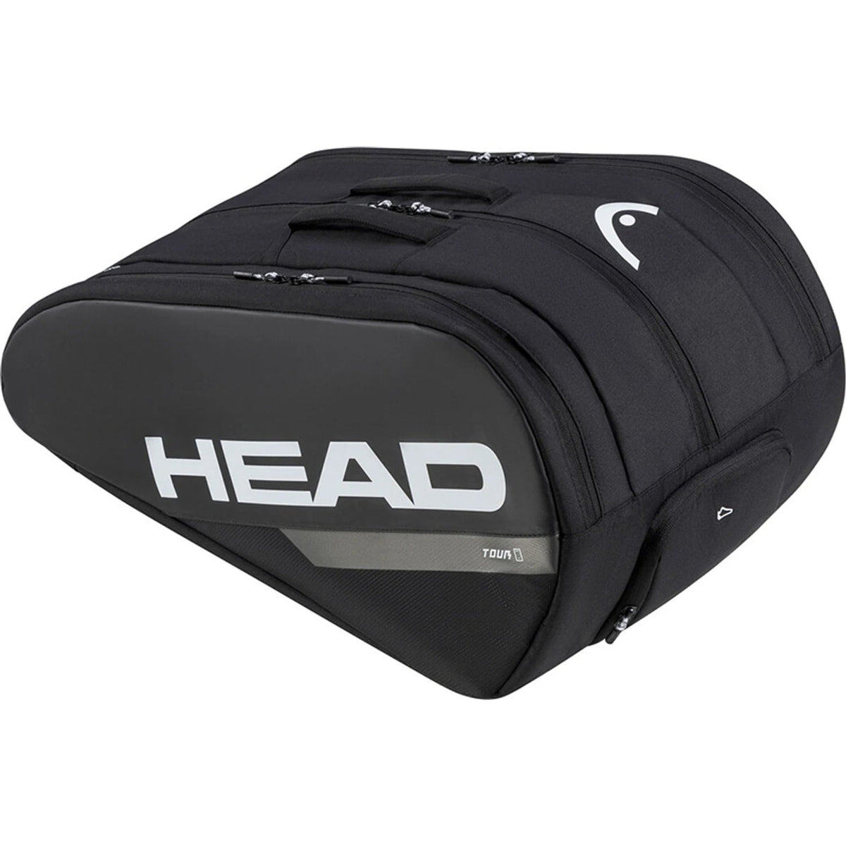 Zijaanzicht van de zwarte Head Tour L racketbag met groot wit Head-logo op de flank