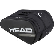 Zijaanzicht van de zwarte Head Tour L racketbag met groot wit Head-logo op de flank
