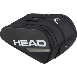 Zijaanzicht van de zwarte Head Tour L racketbag met groot wit Head-logo op de flank