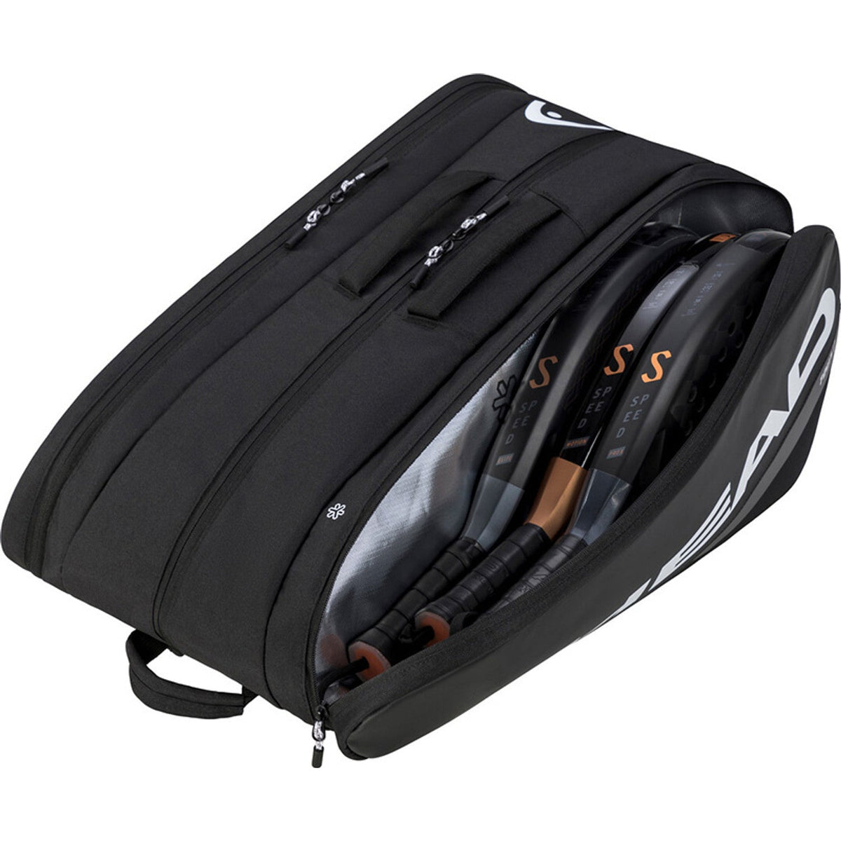 Zwarte Head Tour L racketbag met beide vakken open en meerdere rackets erin zichtbaar