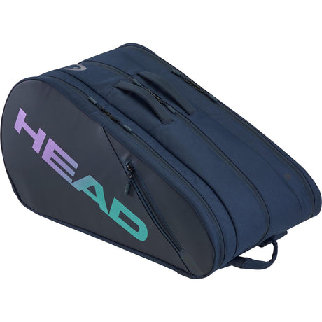 Zijaanzicht van de donkerblauwe Head Tour L racketbag met turquoise en paars Head-logo