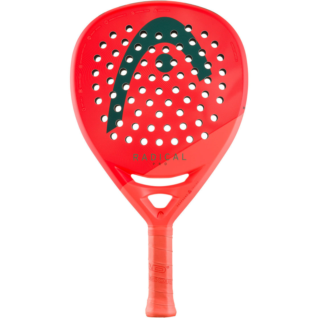 HEAD Radical Pro 2026 padelracket in koraalrood met donkergroen, vooraanzicht