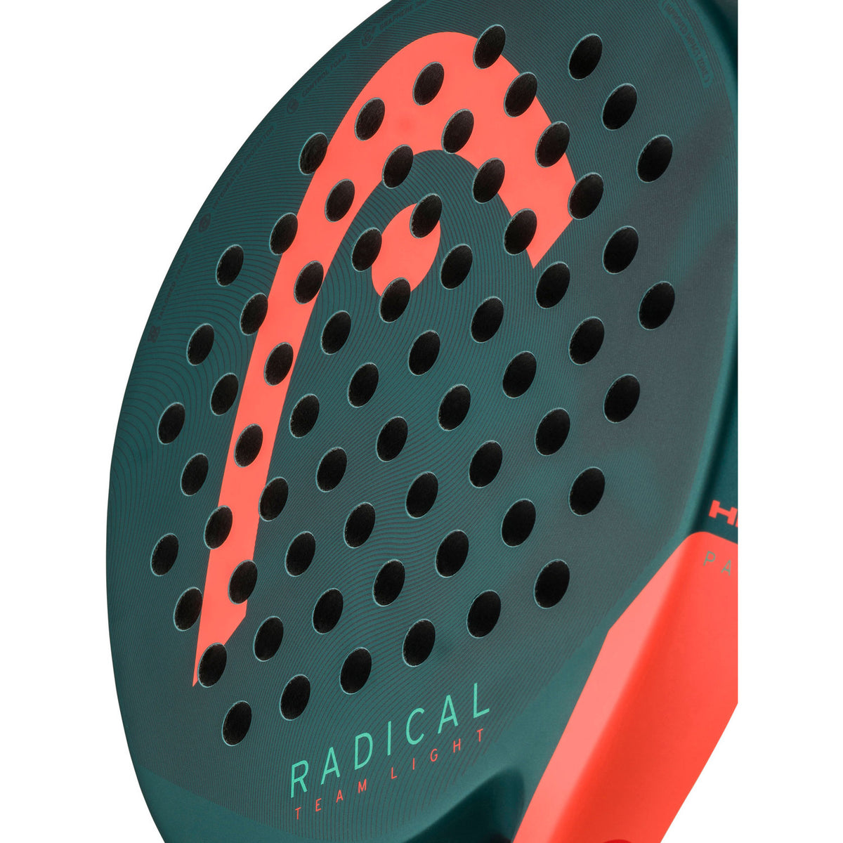 Close-up van het donkergroene slagvlak van de HEAD Radical Team Light 2026