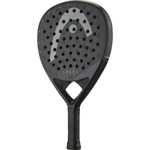 Head Speed Pro 2025 padelracket schuin vooraanzicht, druppelvorm in zwart met zilver