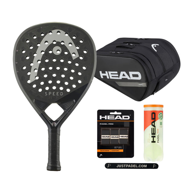 Head Speed Pro Complete Bundle: Head Speed Pro 2025 padelracket, Head Racketbag Tour L Black/White, Head Padel Team ballen, HEAD Padel Pro Overgrips en Justpadel Protector
