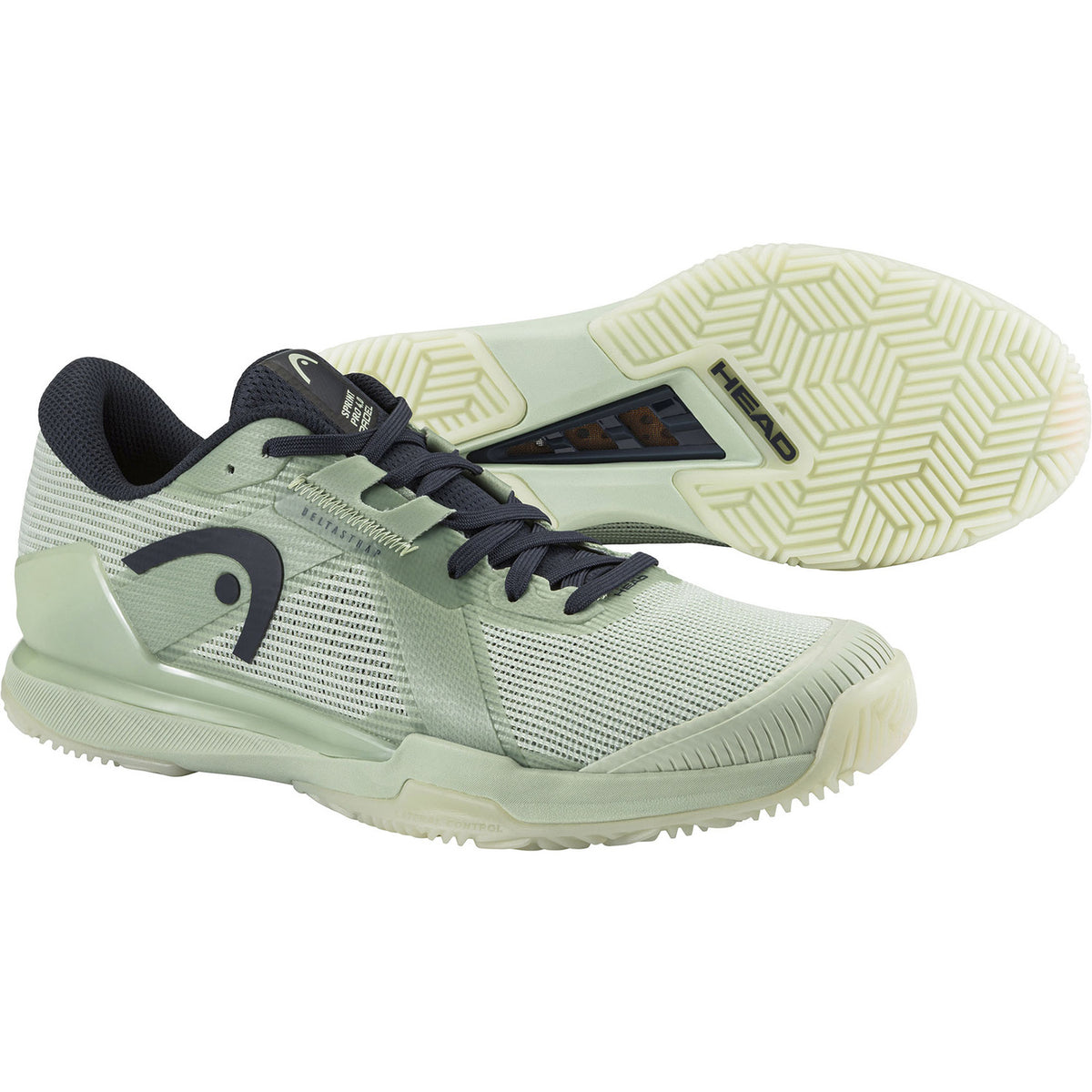 Lichtgroene Head Sprint Pro 4.0 met zicht op de zool en donkerblauwe veters
