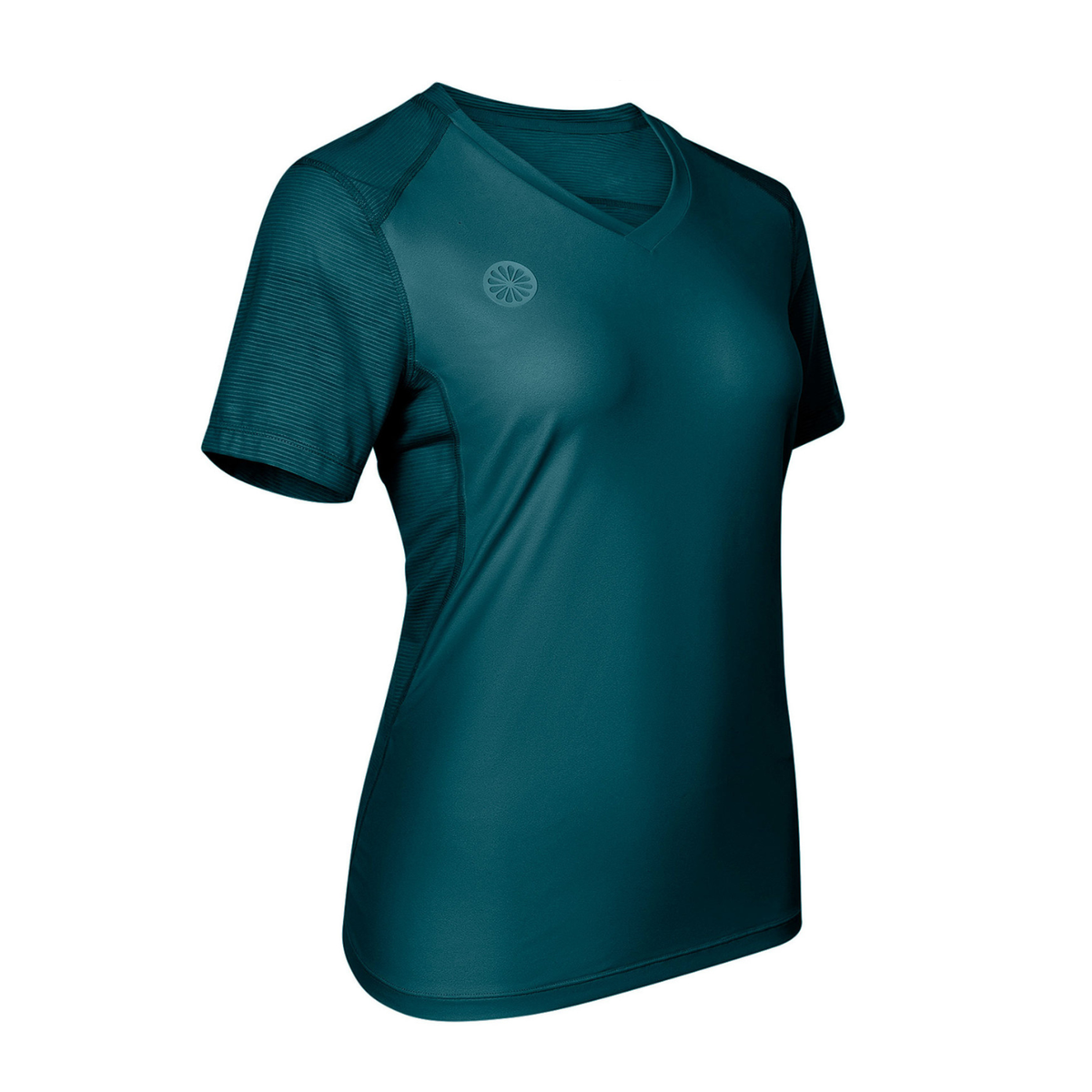 Schuin vooraanzicht van het petrolblauwe Dry Touch T-shirt met logo