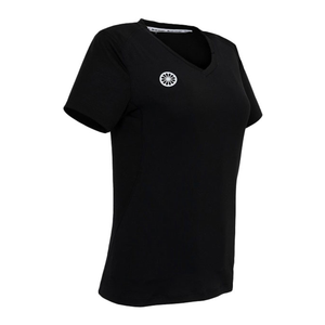 Schuin zijaanzicht van het zwarte Dry Touch T-shirt met logo