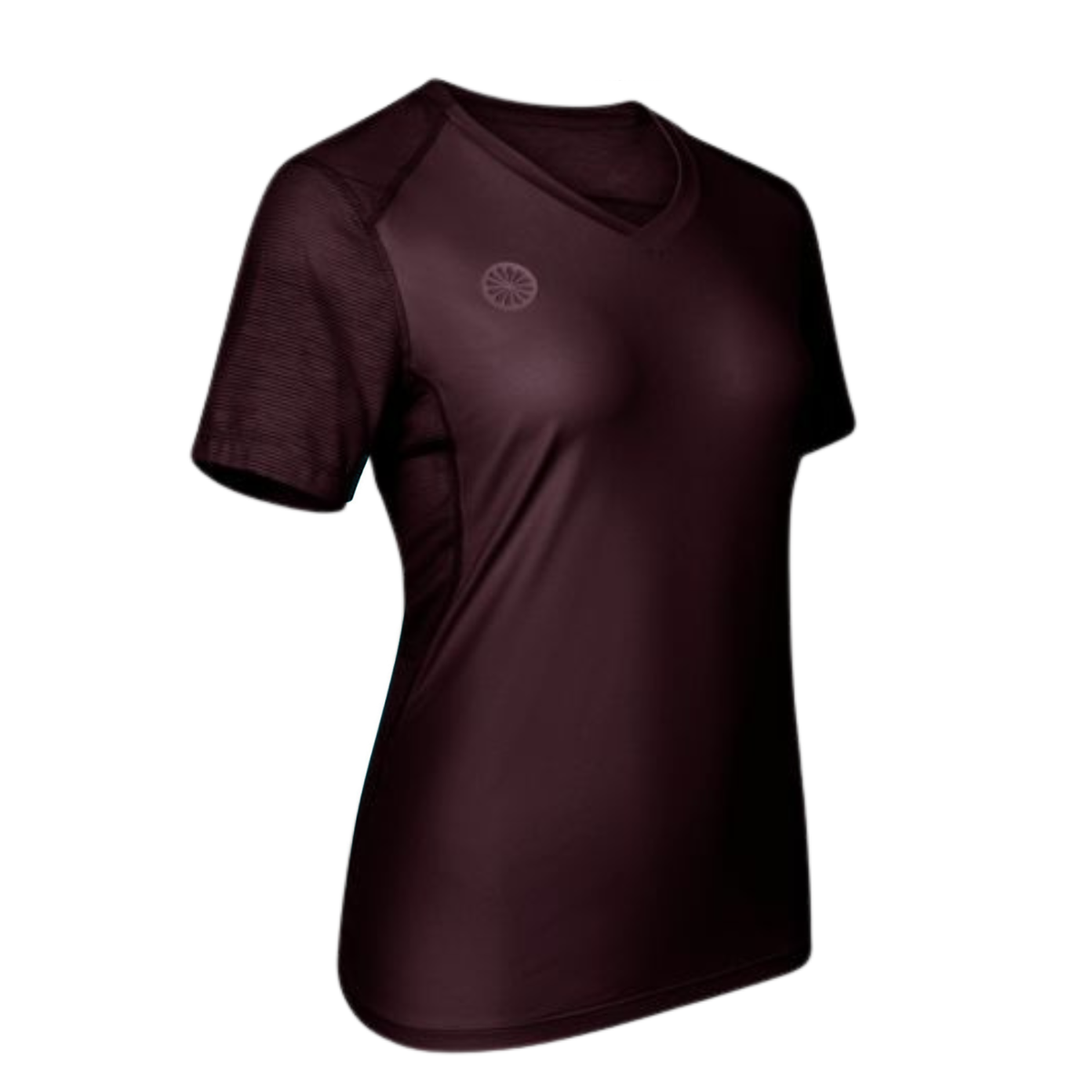 Schuin vooraanzicht van het bordeauxrode Dry Touch T-shirt met logo