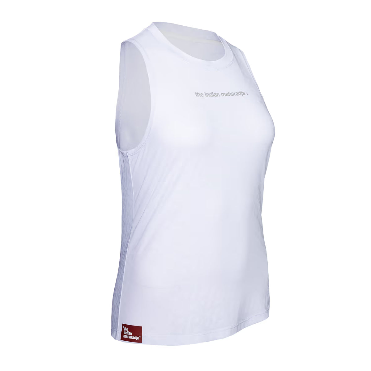 Schuin zijaanzicht van de witte mouwloze Indian Maharadja top