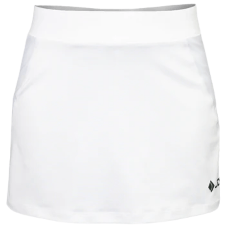 Vooraanzicht van de witte JDH Carbon Pro meisjesrok met brede tailleband en logo onderaan