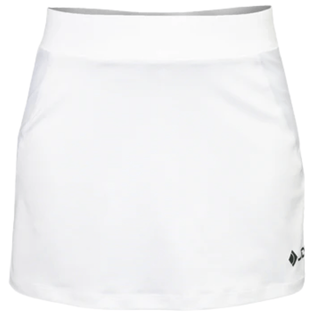 Vooraanzicht van de witte JDH Carbon Pro meisjesrok met brede tailleband en logo onderaan