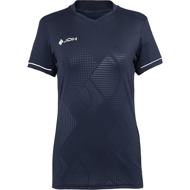 Vooraanzicht van het donkerblauwe JDH Carbon Pro meisjesshirt met V-hals en wit logo