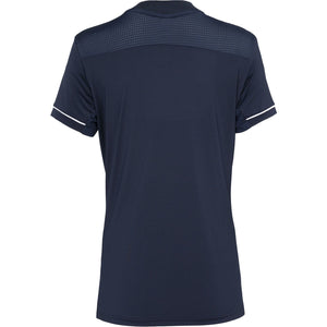 Achteraanzicht van het donkerblauwe Carbon Pro meisjesshirt met witte biezen op de mouw