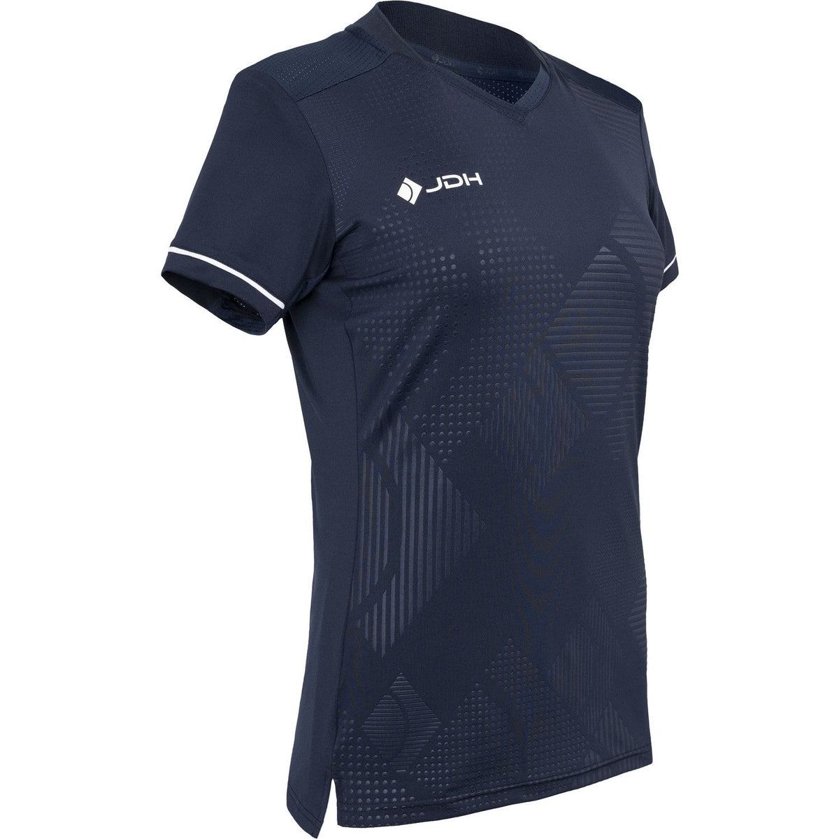 Schuin vooraanzicht van het donkerblauwe JDH Carbon Pro meisjesshirt met korte mouwen