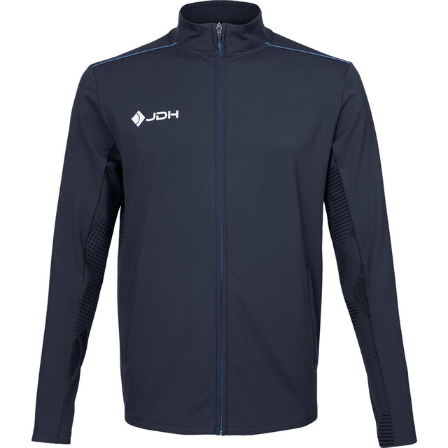 Vooraanzicht van het antracietgrijze JDH Carbon Pro jack met rits en wit logo op de borst