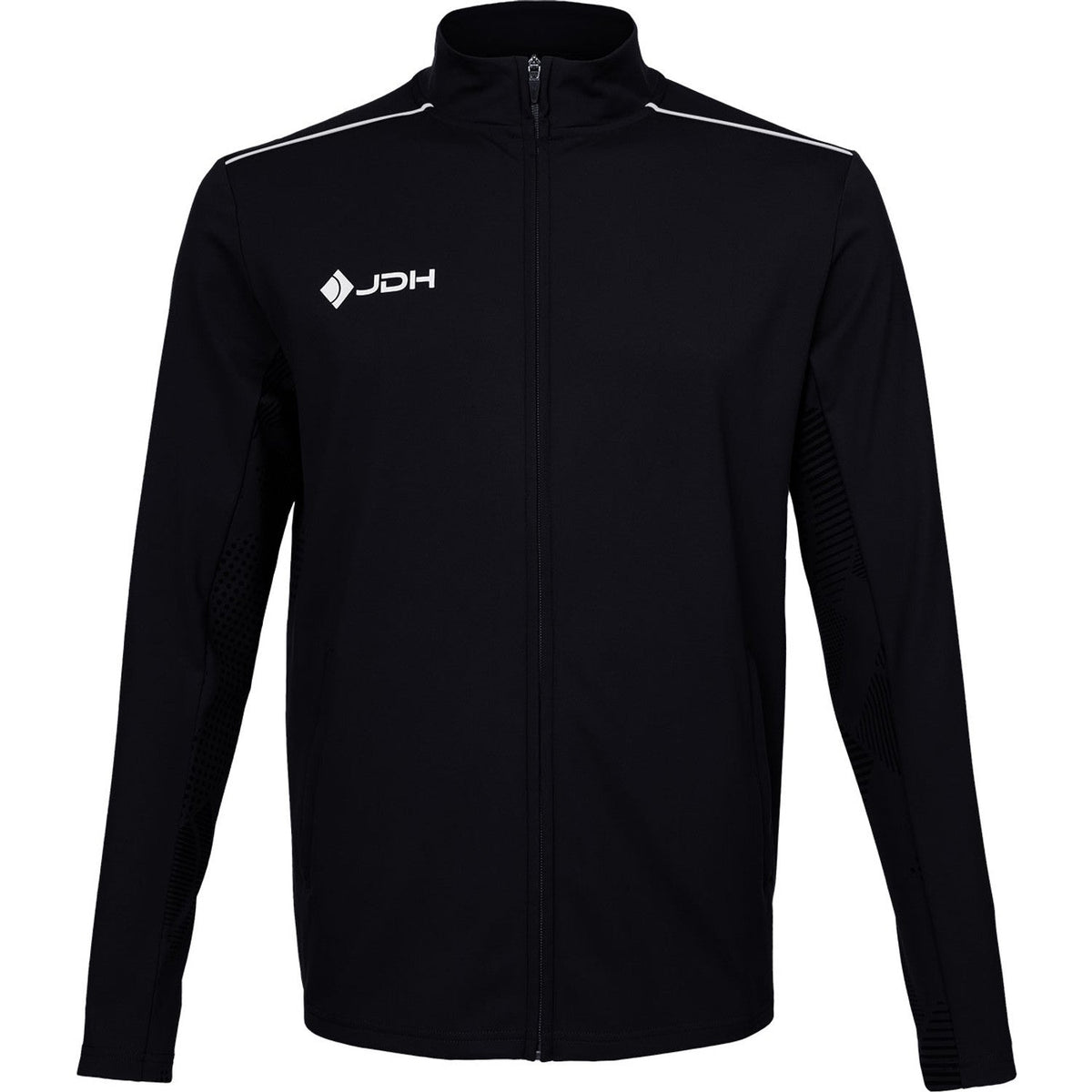 Vooraanzicht van het zwarte JDH Carbon Pro jack met witte bies over de schouders