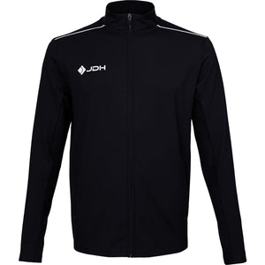 Vooraanzicht van het zwarte JDH Carbon Pro jack met witte bies over de schouders