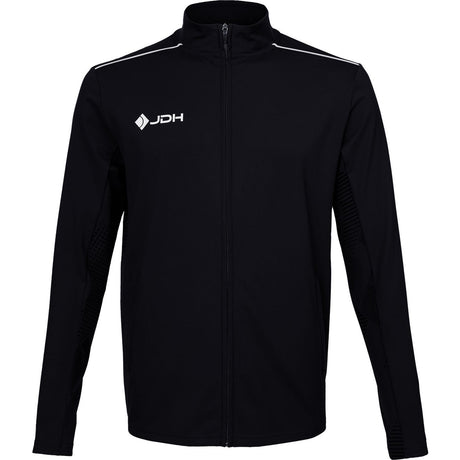 Vooraanzicht van het zwarte JDH Carbon Pro jack met witte bies over de schouders