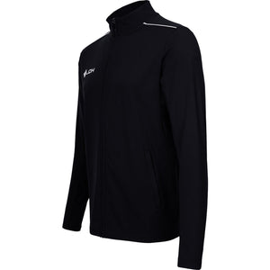 Zijaanzicht van het zwarte JDH Carbon Pro jack met witte accentlijn en steekzak