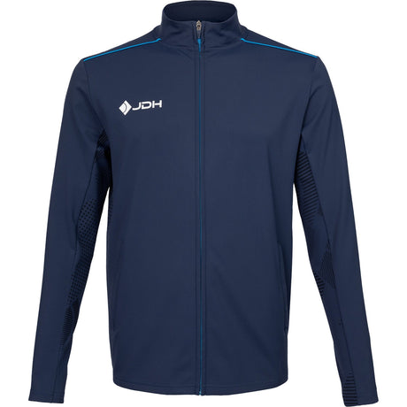 Vooraanzicht van het donkerblauwe JDH Carbon Pro jack met blauwe bies over de schouder
