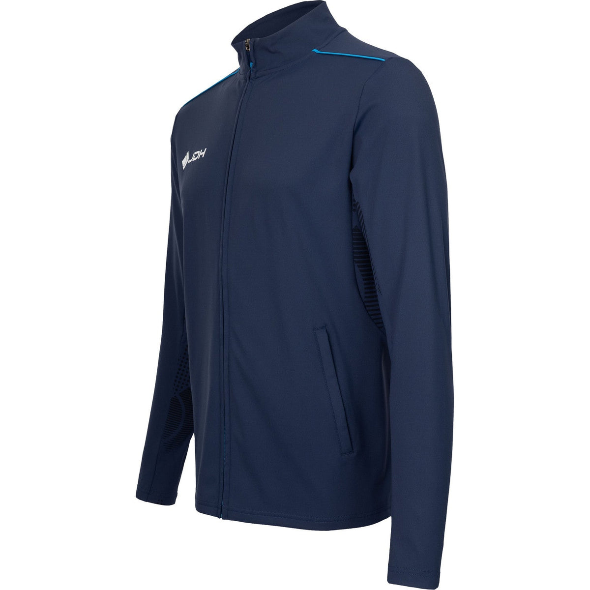 Zijaanzicht van het donkerblauwe JDH Carbon Pro jack met blauwe accentlijn op de mouw