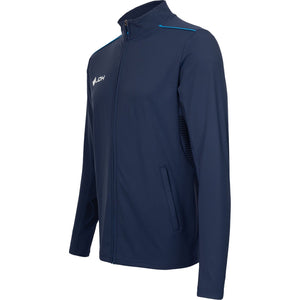 Zijaanzicht van het donkerblauwe JDH Carbon Pro jack met blauwe accentlijn op de mouw