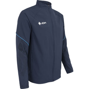 Schuin achteraanzicht van het donkerblauwe Carbon Pro Light jack met opstaande kraag
