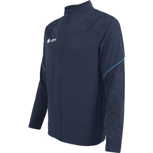 Zijaanzicht van het donkerblauwe JDH Carbon Pro Light jack met blauwe streep op de mouw