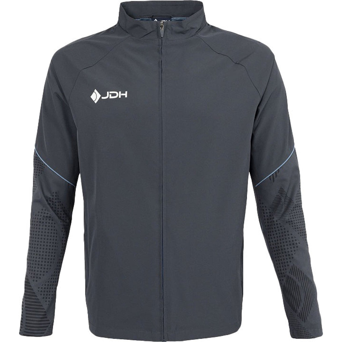 Vooraanzicht van het grijze JDH Carbon Pro Light jack met blauwe accentlijn en wit logo