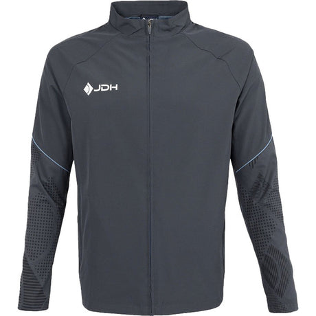 Vooraanzicht van het grijze JDH Carbon Pro Light jack met blauwe accentlijn en wit logo