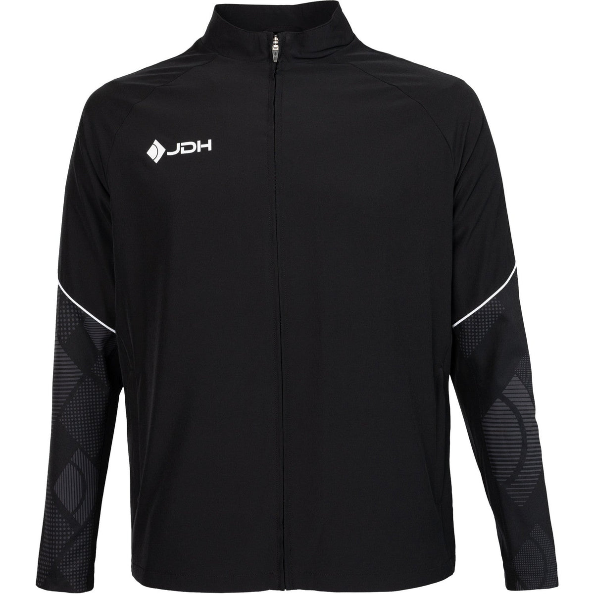 Vooraanzicht van het zwarte JDH Carbon Pro Light jack met rits en wit logo op de borst