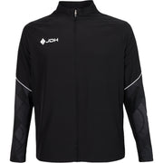 Vooraanzicht van het zwarte JDH Carbon Pro Light jack met rits en wit logo op de borst