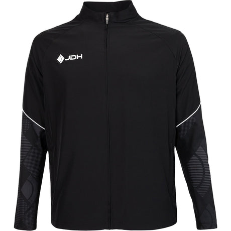 Vooraanzicht van het zwarte JDH Carbon Pro Light jack met rits en wit logo op de borst
