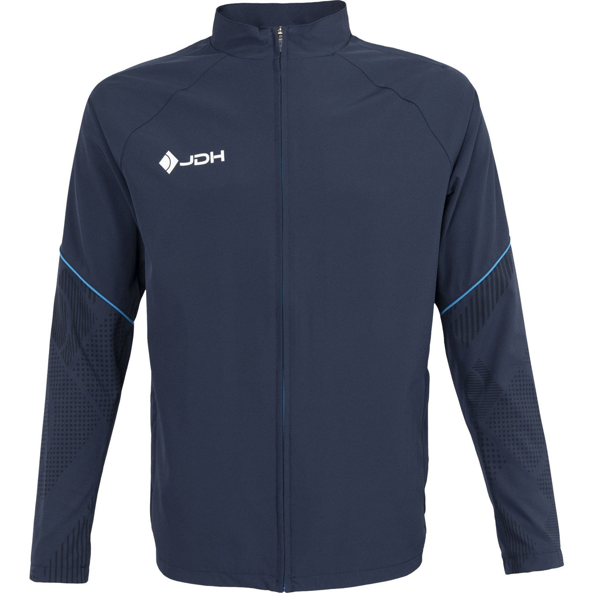 Vooraanzicht van het donkerblauwe JDH Carbon Pro Light jack met blauwe accentlijnen