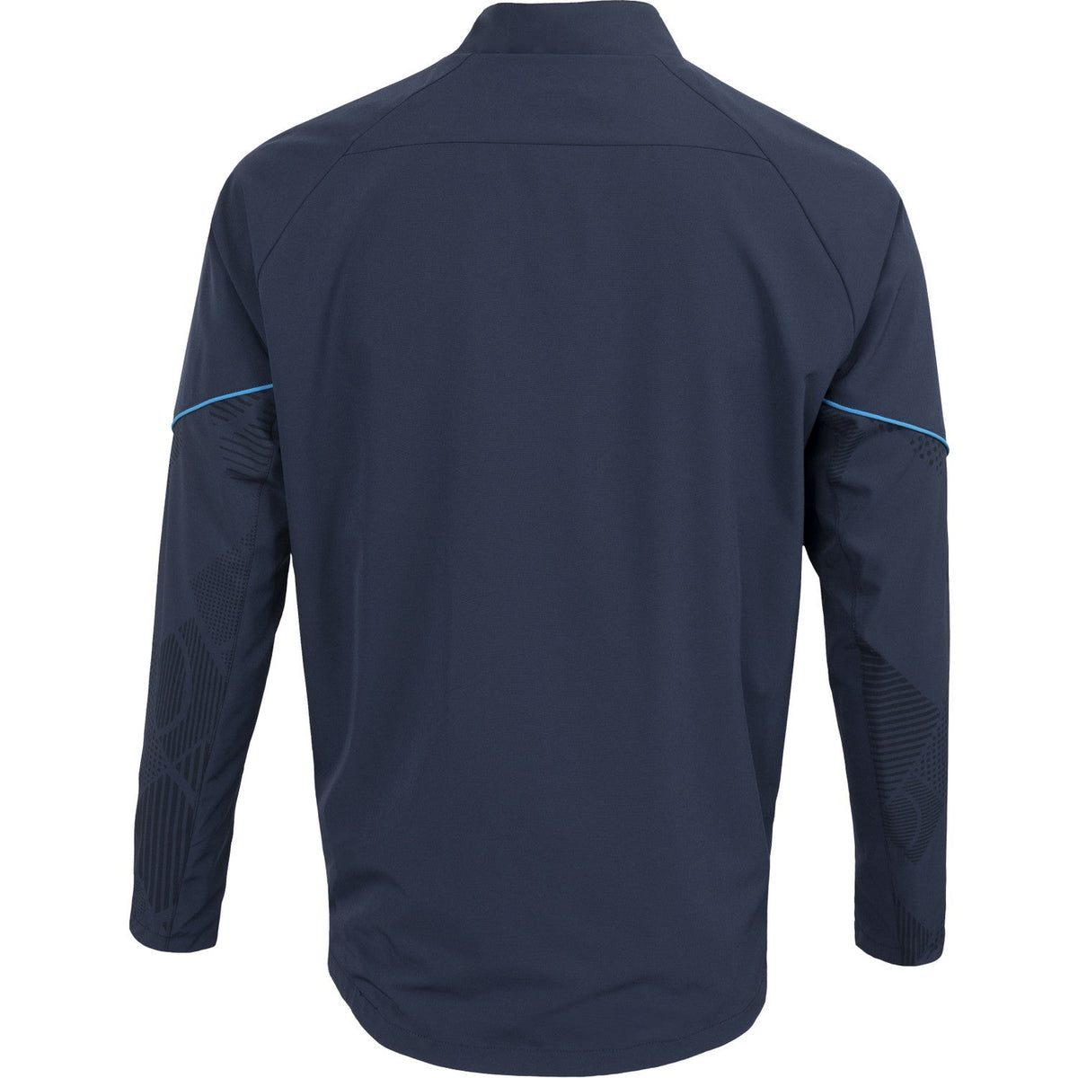 Achteraanzicht van het donkerblauwe Carbon Pro Light jack met blauwe bies op de mouw