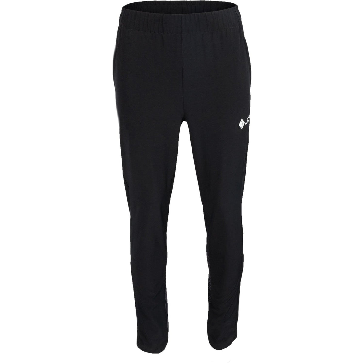 Vooraanzicht van de zwarte JDH Carbon Pro Light broek met wit logo op de rechterpijp