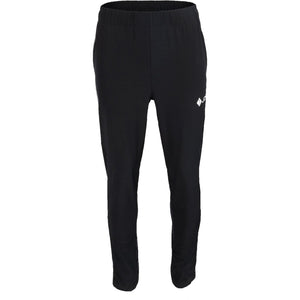 Vooraanzicht van de zwarte JDH Carbon Pro Light broek met wit logo op de rechterpijp