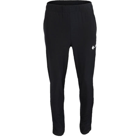Vooraanzicht van de zwarte JDH Carbon Pro Light broek met wit logo op de rechterpijp