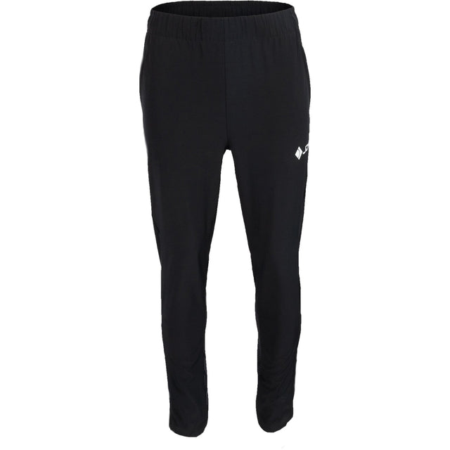 Vooraanzicht van de zwarte JDH Carbon Pro Light broek met wit logo op de rechterpijp