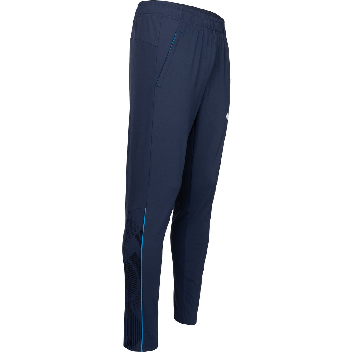 Zijaanzicht van de donkerblauwe JDH Carbon Pro broek met blauwe lijn op het onderbeen