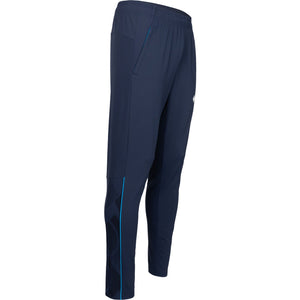 Zijaanzicht van de donkerblauwe JDH Carbon Pro broek met blauwe lijn op het onderbeen