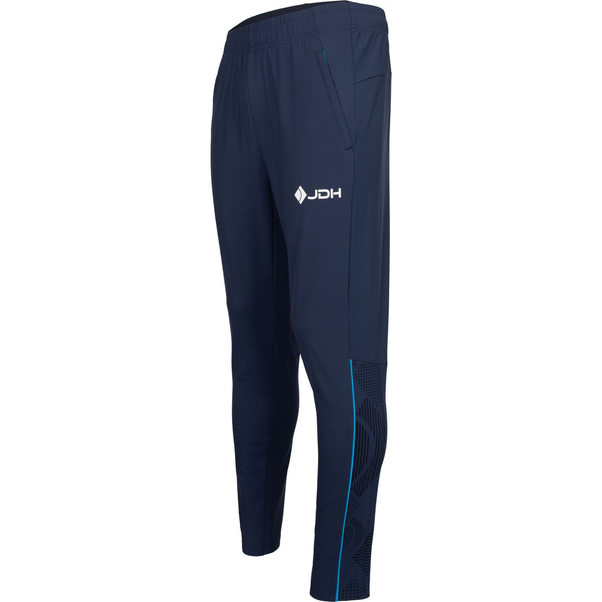 Schuin vooraanzicht van de donkerblauwe Carbon Pro broek met blauw accent langs de pijp