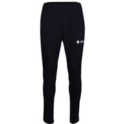 Vooraanzicht van de zwarte JDH Carbon Pro broek met wit logo op de rechterdij